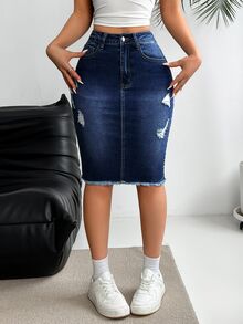 EMERY ROSE Ladies' Button Pocket Belted Denim Skirt With Torn Design, Daily Fashionable - Dark Wash - View 2