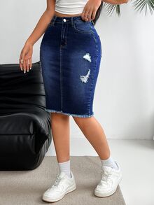 EMERY ROSE Ladies' Button Pocket Belted Denim Skirt With Torn Design, Daily Fashionable - Dark Wash - View 6