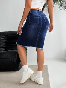 EMERY ROSE Ladies' Button Pocket Belted Denim Skirt With Torn Design, Daily Fashionable - Dark Wash - View 3