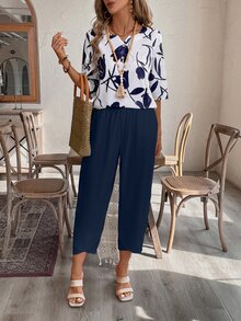 EMERY ROSE Women's Floral Print Shirt And Ankle-Length Pants Suit - Navy Blue - View 5