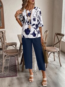 EMERY ROSE Women's Floral Print Shirt And Ankle-Length Pants Suit - Navy Blue - View 7