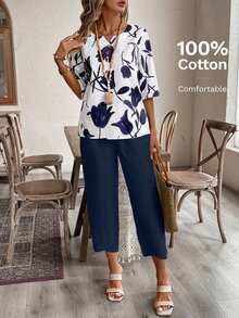 EMERY ROSE Women's Floral Print Shirt And Ankle-Length Pants Suit - Navy Blue - View 3