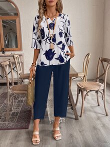 EMERY ROSE Women's Floral Print Shirt And Ankle-Length Pants Suit - Navy Blue - View 6