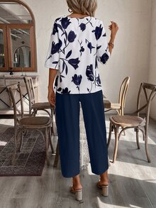 EMERY ROSE Women's Floral Print Shirt And Ankle-Length Pants Suit - Navy Blue - View 2