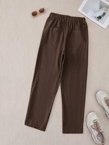 EMERY ROSE Women's Solid Color Buttoned Casual Straight Pants With Pockets - Coffee Brown - View 2