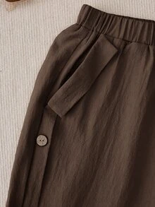 EMERY ROSE Women's Solid Color Buttoned Casual Straight Pants With Pockets - Coffee Brown - View 5
