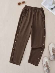 EMERY ROSE Women's Solid Color Buttoned Casual Straight Pants With Pockets - Coffee Brown - View 6