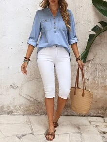 EMERY ROSE Women's V-Neck Button Casual Versatile Denim Top For Daily Wear Travel Light Blue Autumn - Blue - View 7