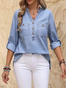 EMERY ROSE Women's V-Neck Button Casual Versatile Denim Top For Daily Wear Travel Light Blue Autumn - Blue - View 1