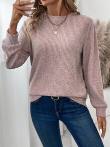 EMERY ROSE 纯色罗纹拉绒保暖舒适圆领长袖休闲日常穿着女式 T 恤，秋冬 - 藕粉色 - 查看 5