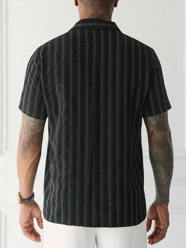 HUEFORM 2026 Spring Summer Men's Striped Textured Button Down Shirt, Casual Camp Collar Short Sleeve, Breath - Black - View 2
