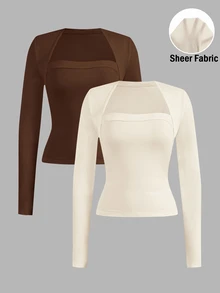 SHEIN EZwear 2 件女士休闲纯色百搭长袖 T 恤，适合秋冬季 - 彩色 - 查看 1