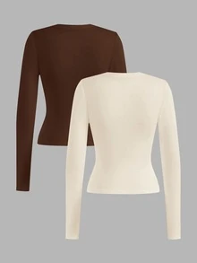 SHEIN EZwear 2 件女士休闲纯色百搭长袖 T 恤，适合秋冬季 - 彩色 - 查看 2