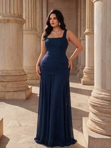 Coutiva Gaun Malam Mewah Berlipit Elegan Ukuran Plus untuk Pesta Pernikahan, Makan Malam, dan Acara Formal, Warna Biru Tua, Musim Gugur - Royal Blue - View 6