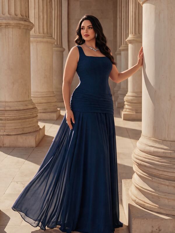 Coutiva Plus Size Elegant Luxury Pleated Fitted Evening Dress