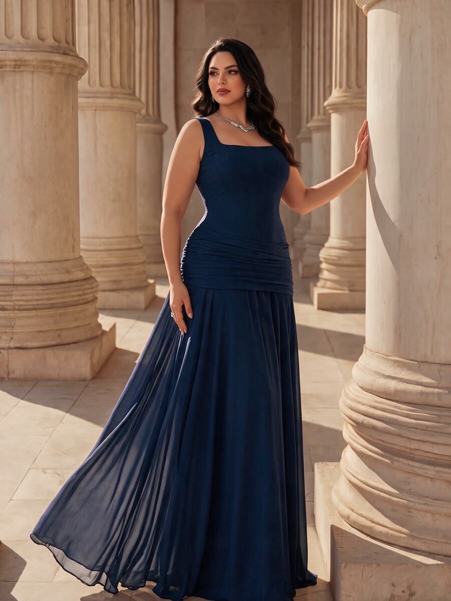 Coutiva Gaun Malam Mewah Berlipit Elegan Ukuran Plus untuk Pesta Pernikahan, Makan Malam, dan Acara Formal, Warna Biru Tua, Musim Gugur - Royal Blue - View 1