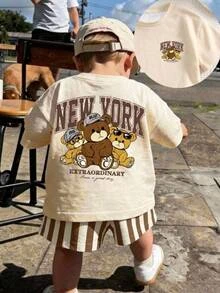 Baby Boy Letter & Cartoon Teddy Bear Print Drop Shoulder Tee & Striped Print Shorts Set - Multicolor - View 1