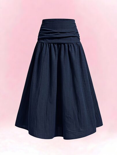 SHEIN Tween Girls' Blue Umbrella Skirt, Fall Clothes, Fall, Long Full Skirt, Simple Japanese Style Elegant Ruffle Hem Versatile Skirt