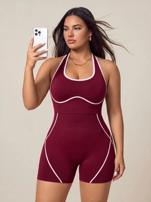 SHEIN Rhythm Era Women's Plus Size Colorblock Cropped Top And High Waist Shorts Casual Daily Sports Set - Burgundy - View 1