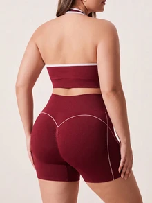 SHEIN Rhythm Era Women's Plus Size Colorblock Cropped Top And High Waist Shorts Casual Daily Sports Set - Burgundy - View 2