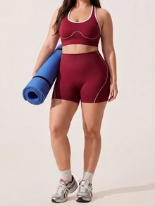 SHEIN Rhythm Era Women's Plus Size Colorblock Cropped Top And High Waist Shorts Casual Daily Sports Set - Burgundy - View 5