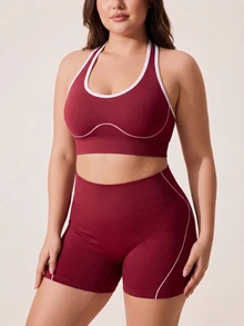 SHEIN Rhythm Era Women's Plus Size Colorblock Cropped Top And High Waist Shorts Casual Daily Sports Set - Burgundy - View 6