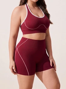 SHEIN Rhythm Era Women's Plus Size Colorblock Cropped Top And High Waist Shorts Casual Daily Sports Set - Burgundy - View 4