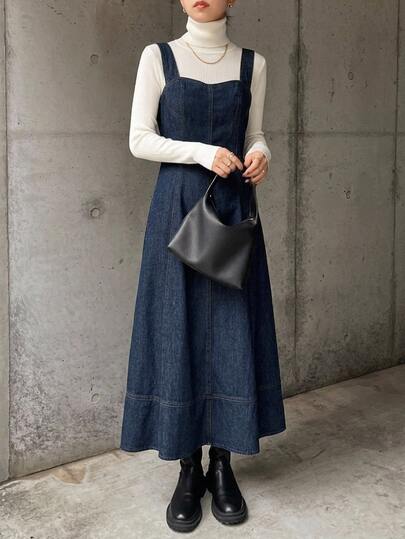 DAZY レディース プレーン スクエアネック ノースリーブ デニムワンピース、秋服、学校に戻る服ワンピース