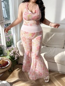 CovetEZ Plus Size Light Pink Floral Print Sheer 2 Pieces Set,Women's Summer Boho Holiday Pants Outfit,Tea Party Brunch Two Pieces Set,Spring/Summer 2 Pieces Set - Multicolor - View 3