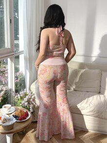 CovetEZ Plus Size Light Pink Floral Print Sheer 2 Pieces Set,Women's Summer Boho Holiday Pants Outfit,Tea Party Brunch Two Pieces Set,Spring/Summer 2 Pieces Set - Multicolor - View 2