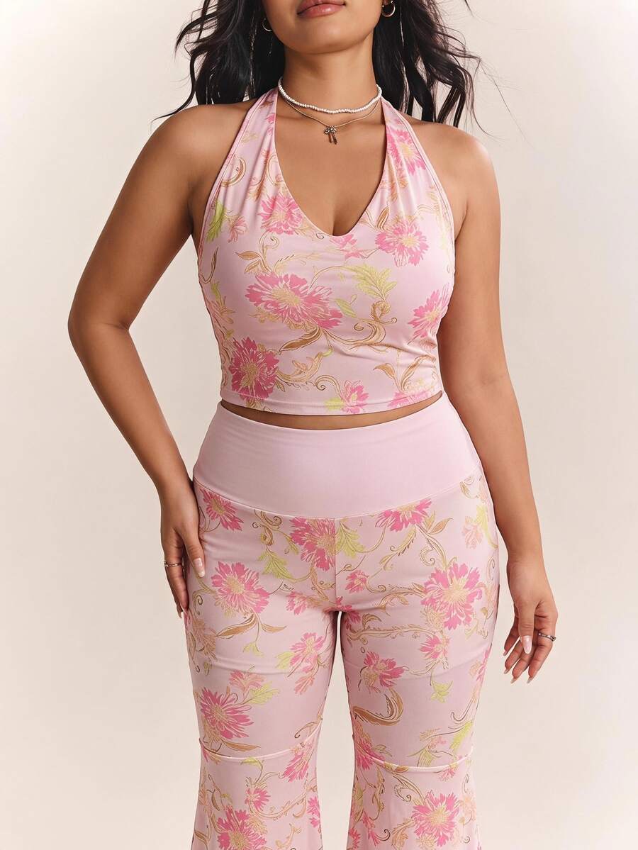 CovetEZ Plus Size Light Pink Floral Print Sheer 2 Pieces Set,Women's Summer Boho Holiday Pants Outfit,Tea Party Brunch Two Pieces Set,Spring/Summer 2 Pieces Set - Multicolor - View 1