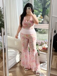 CovetEZ Plus Size Light Pink Floral Print Sheer 2 Pieces Set,Women's Summer Boho Holiday Pants Outfit,Tea Party Brunch Two Pieces Set,Spring/Summer 2 Pieces Set - Multicolor - View 5