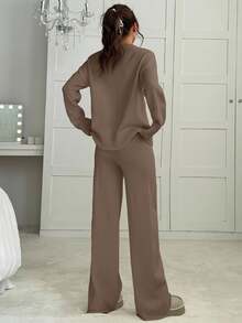 CovetEZ Plus Size Solid Color Crew Neck Long Sleeve Sweater And Pants Casual Matching Set, Autumn/Winter Comfortable Two Piece Set - Brown - View 2