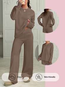 CovetEZ Plus Size Solid Color Crew Neck Long Sleeve Sweater And Pants Casual Matching Set, Autumn/Winter Comfortable Two Piece Set - Brown - View 3