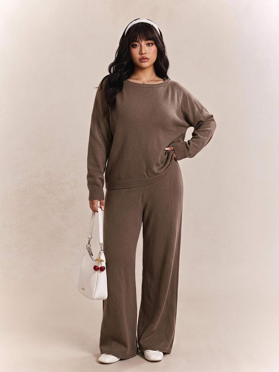 CovetEZ Plus Size Solid Color Crew Neck Long Sleeve Sweater And Pants Casual Matching Set, Autumn/Winter Comfortable Two Piece Set - Brown - View 1