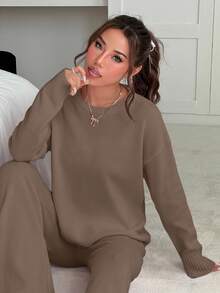 CovetEZ Plus Size Solid Color Crew Neck Long Sleeve Sweater And Pants Casual Matching Set, Autumn/Winter Comfortable Two Piece Set - Brown - View 7