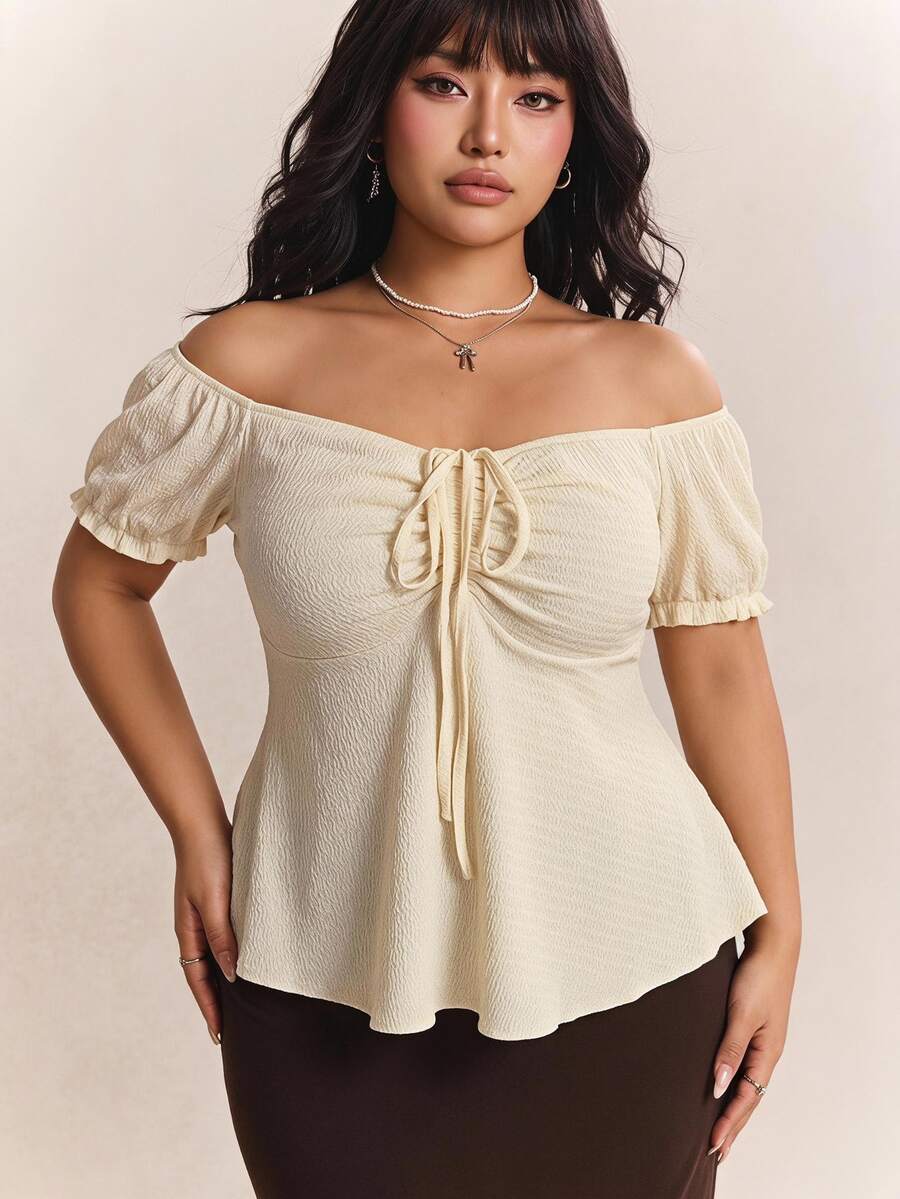 CovetEZ Plus Size Women Elegant White Summer Textured Knit Puff Sleeve ...