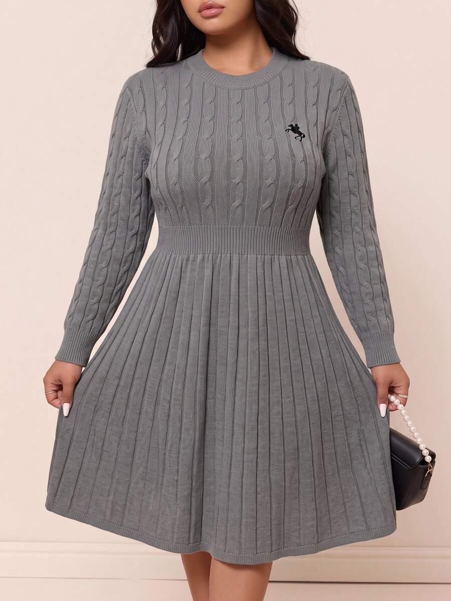 CovetEZ Plus Size Casual Gray Waist Gathered A-Line Knit Dress, Autumn/Winter - Grey - View 1