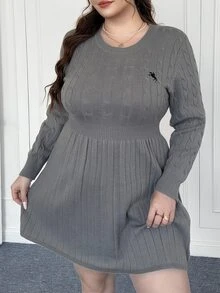 CovetEZ Plus Size Casual Gray Waist Gathered A-Line Knit Dress, Autumn/Winter - Grey - View 5