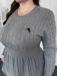 CovetEZ Plus Size Casual Gray Waist Gathered A-Line Knit Dress, Autumn/Winter - Grey - View 4