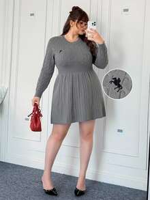 CovetEZ Plus Size Casual Gray Waist Gathered A-Line Knit Dress, Autumn/Winter - Grey - View 3