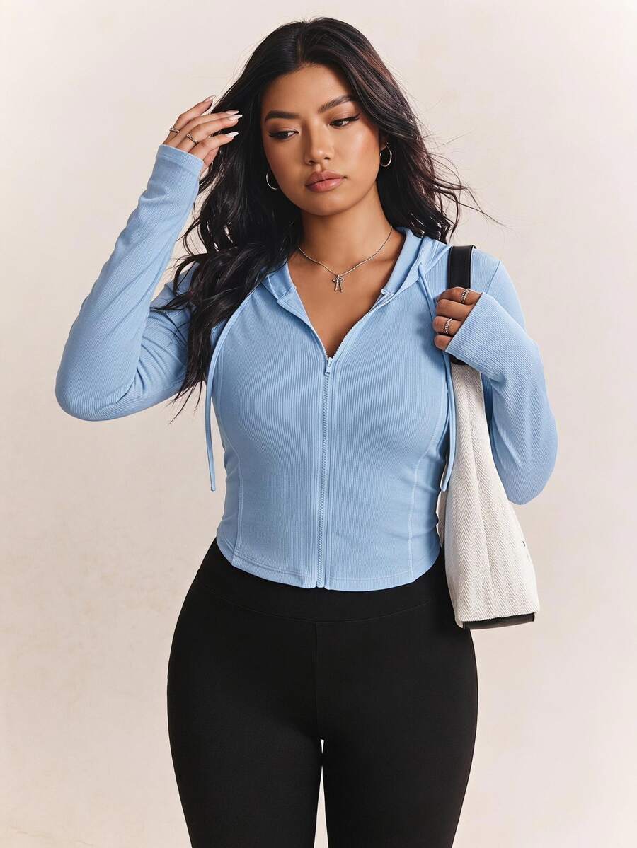 CovetEZ Plus Size Solid Blue Full Zip Hooded Casual Jacket Fall - Blue - View 1