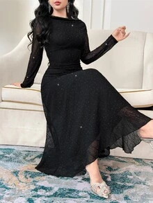 Modelyn Women's Elegant Rhinestone Decor Asymmetric Hem Extra Long Dress - Black - View 6
