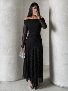 Modelyn Women's Elegant Rhinestone Decor Asymmetric Hem Extra Long Dress - Black - View 1