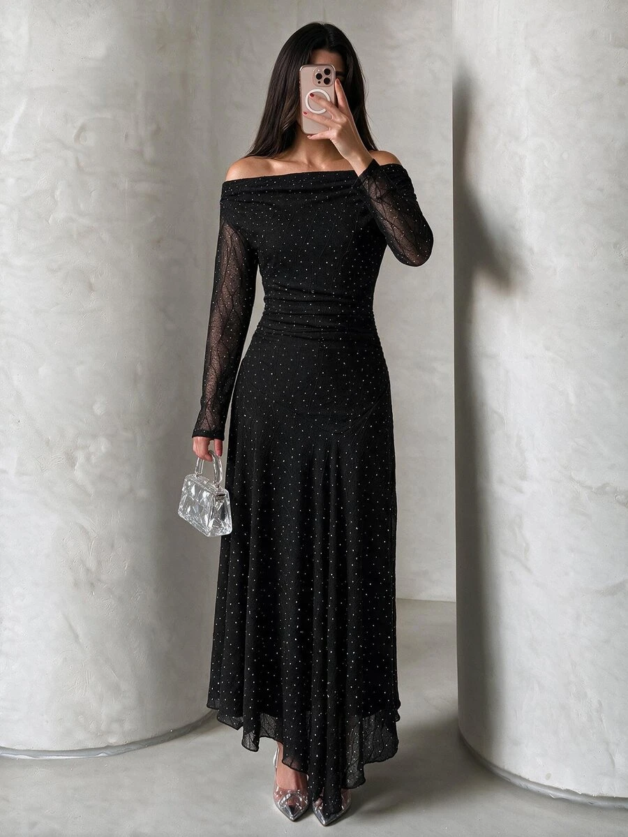 Modelyn Women's Elegant Rhinestone Decor Asymmetric Hem Extra Long Dress - Black - View 1