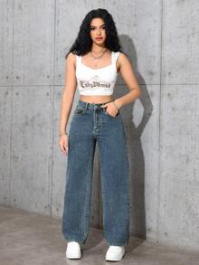 SHEIN PETITE 女款秋季休閒復古高腰寬腿鈕扣開襟藍色牛仔褲，適合外出與日常穿著 - 藍色 - 查看 3