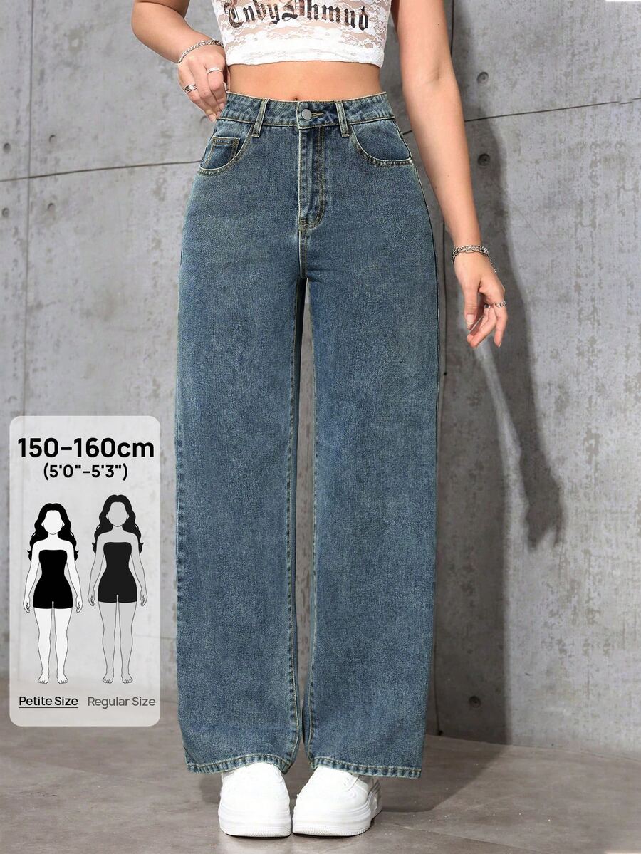 SHEIN PETITE 女款秋季休閒復古高腰寬腿鈕扣開襟藍色牛仔褲,適合外出與日常穿著 - 藍色 - 查看 1