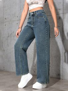 SHEIN PETITE 女款秋季休閒復古高腰寬腿鈕扣開襟藍色牛仔褲，適合外出與日常穿著 - 藍色 - 查看 5