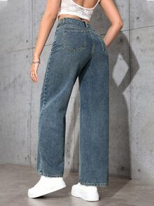 SHEIN PETITE 女款秋季休閒復古高腰寬腿鈕扣開襟藍色牛仔褲，適合外出與日常穿著 - 藍色 - 查看 2