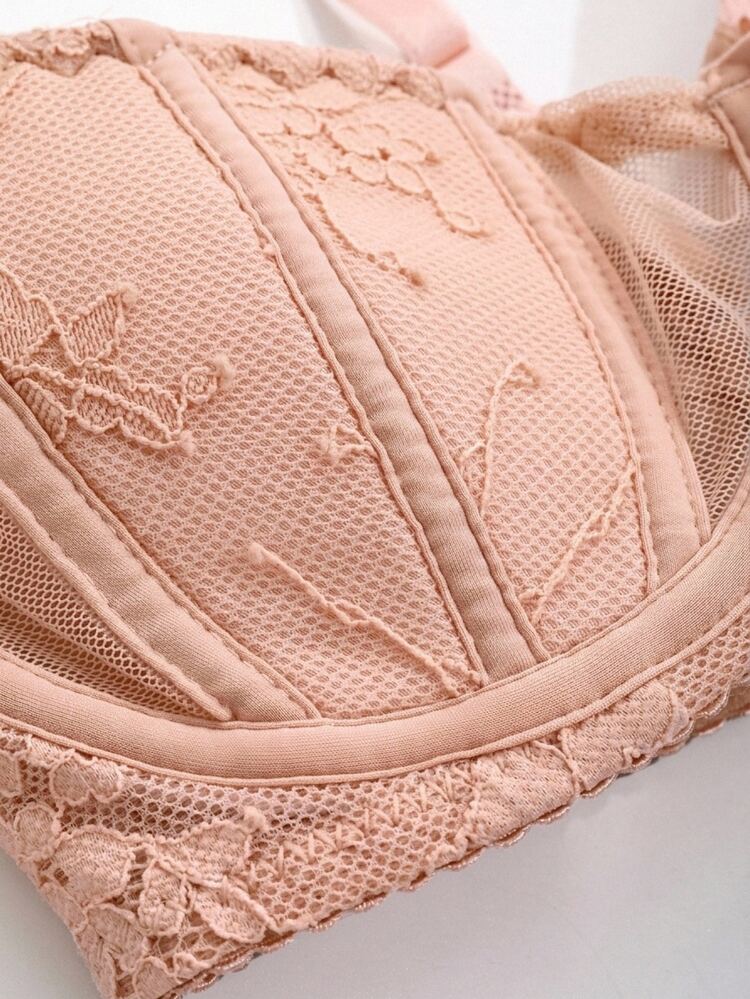 DAZY Mesh Contrast Lace Wireless Minimizer Bra Lingerie For Women - Pink - View 7